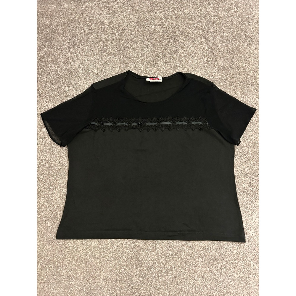 Design 90 Mesh Lace Top Womens Large Black Excellent Ribbon Bow Blouse 8-5887-8